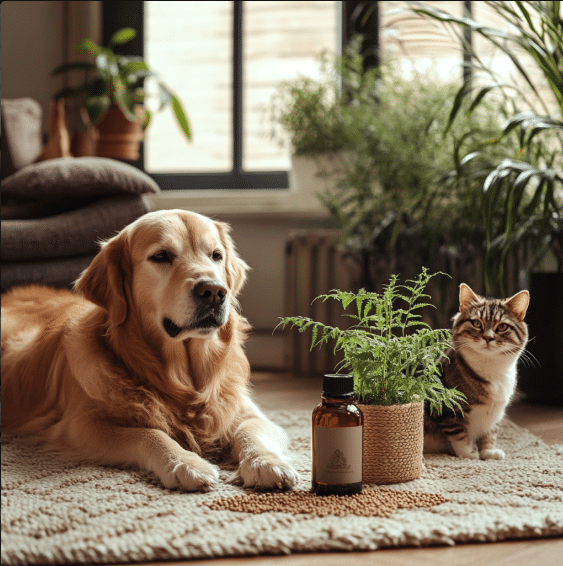 Un chien et un chat posant à côté d'un flacon d'huile de chanvre et d'une plante verte dans un salon chaleureux