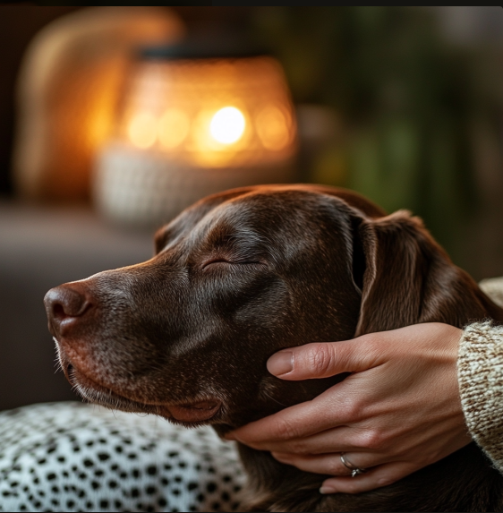 Un chien marron reposant avec les yeux fermés, caressé par une main humaine, dans une ambiance chaleureuse avec une lumière tamisée